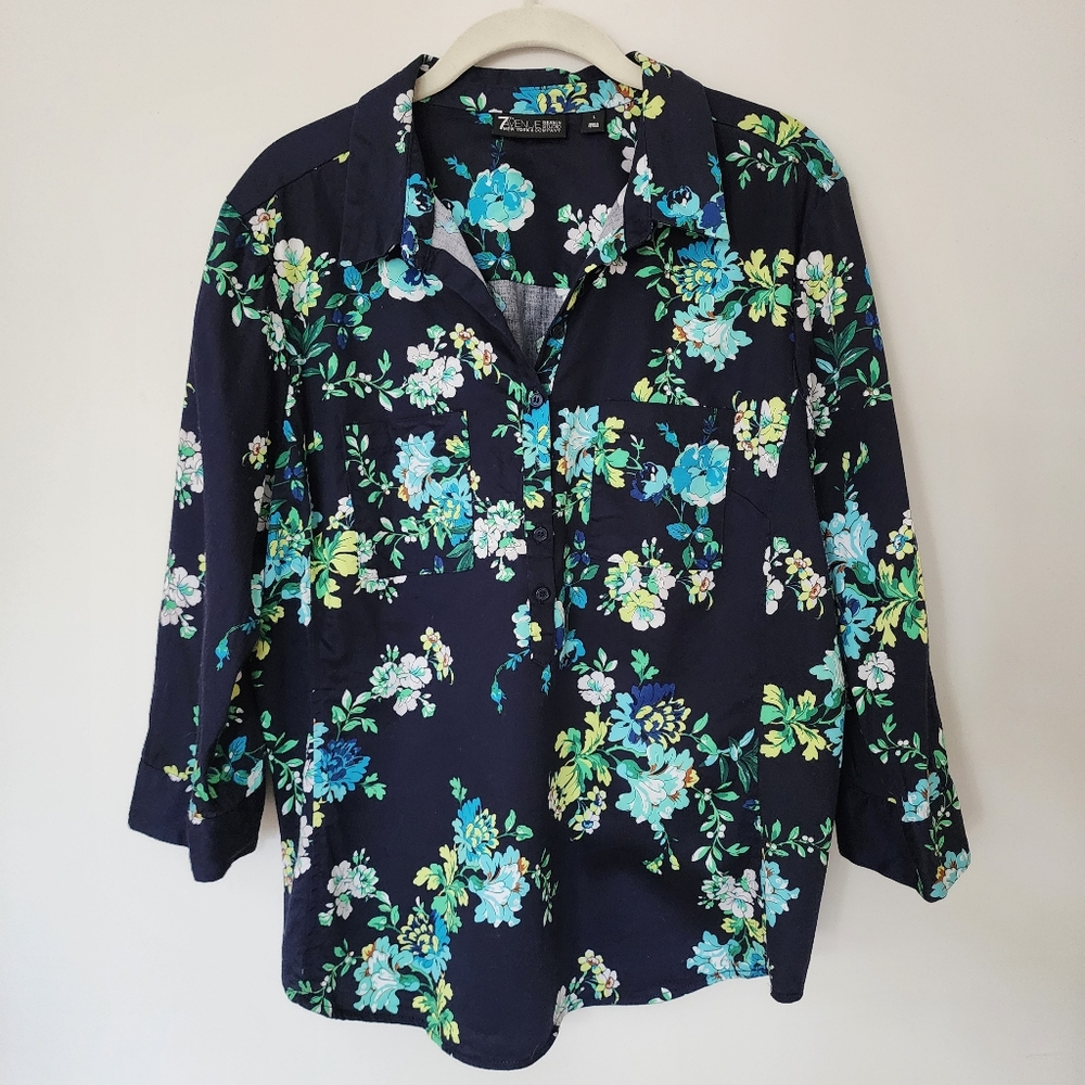 7th Avenue New York & Company 3/4 sleeves blue foral shirt size L
